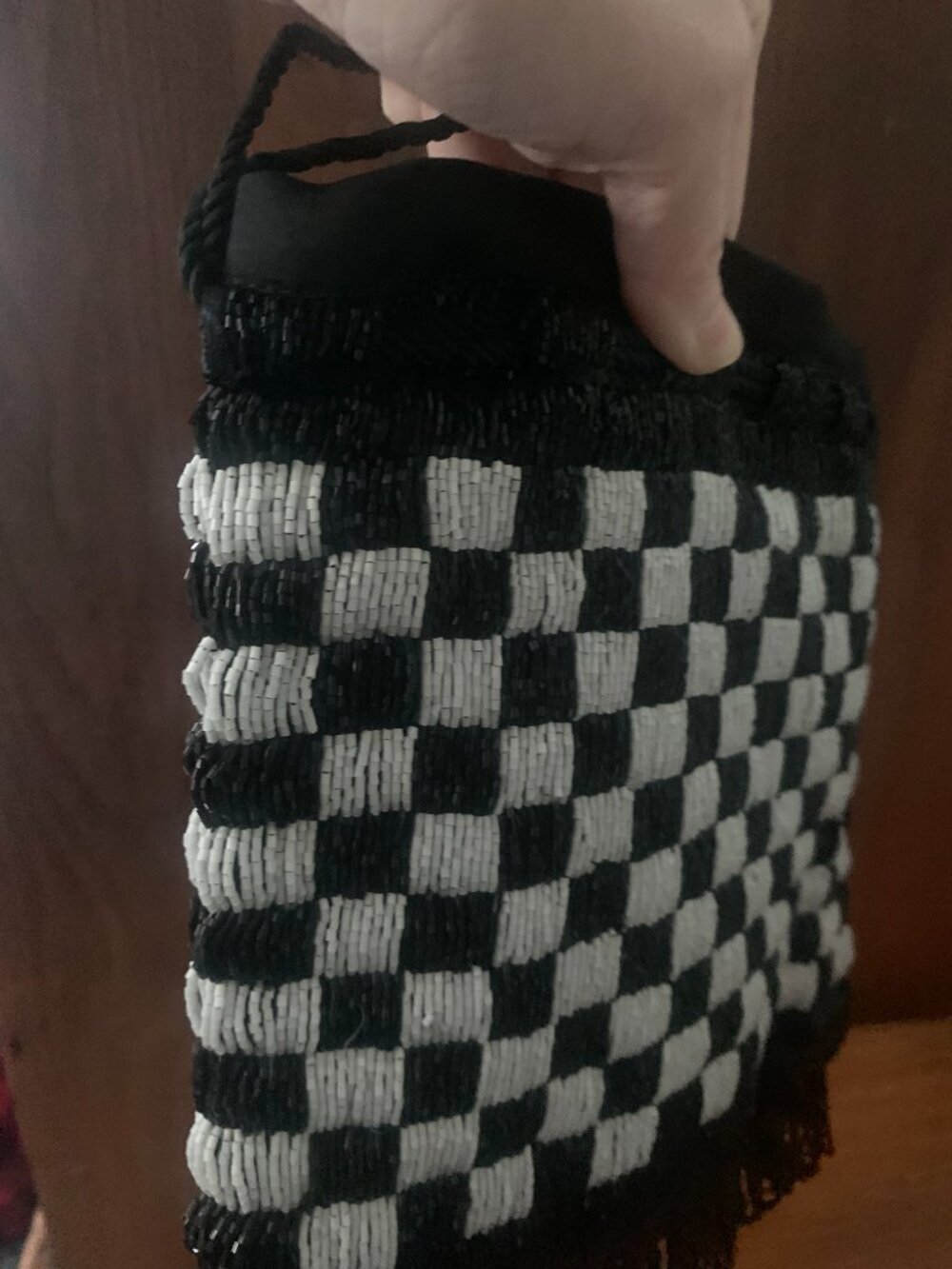 STAUD Beaded Black & White Checkered Drawstring Pouch - Picture 9 of 11